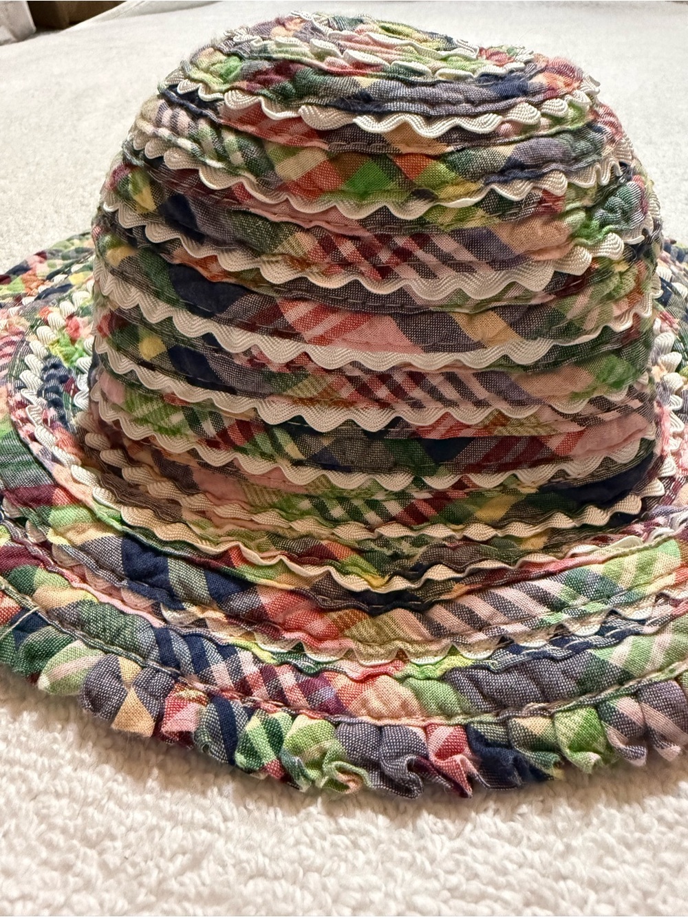 Ralph Lauren Baby Patchwork Plaid Bucket Hat Scalloped Trim Rickrack Toddler